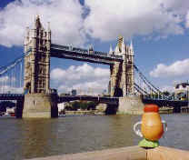 Spud admires one of London's many landmarks: the Tower Bridge