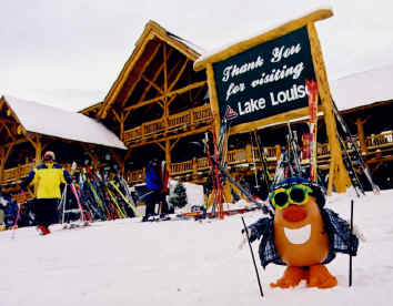 Spud prepares for a day on the slopes at Lake Louise