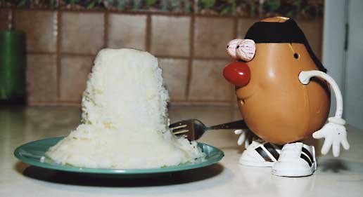 Spud stares in disbelief a his tuberous friend - reduced to a mashed mound of starchy carbs